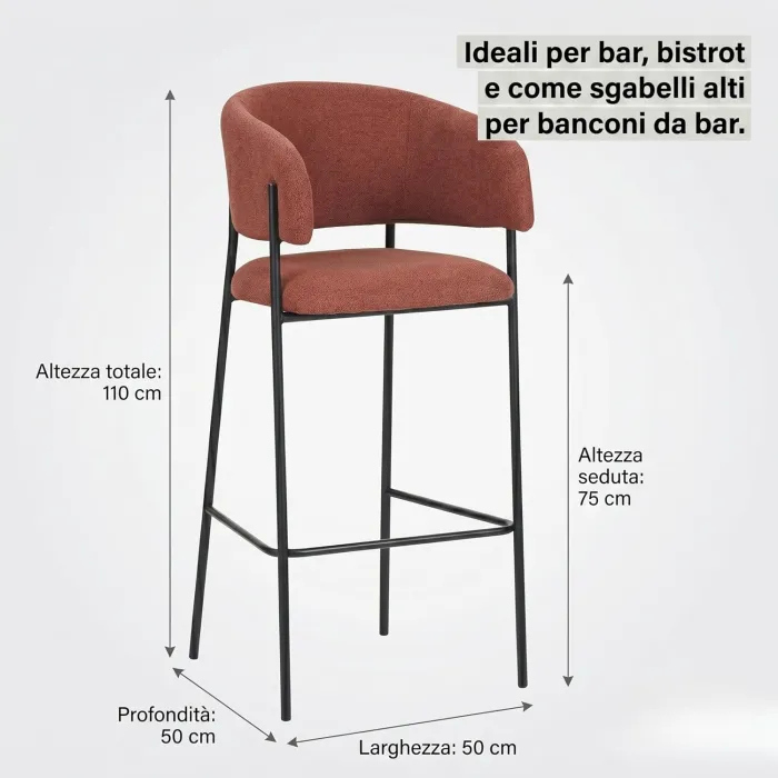 Set 2 Sgabelli Alti Domitilla in Tessuto Ruggine con Schienale Ergonomico e Gambe Nere, Altezza Seduta 75 cm - immagine 2
