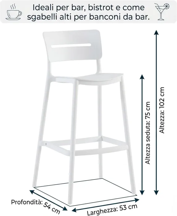 Set 2 Sgabelli NOVA in Polipropilene Bianco con Schienale Ergonomico e Poggiapiedi, 53 × 54 × 102 cm - immagine 3