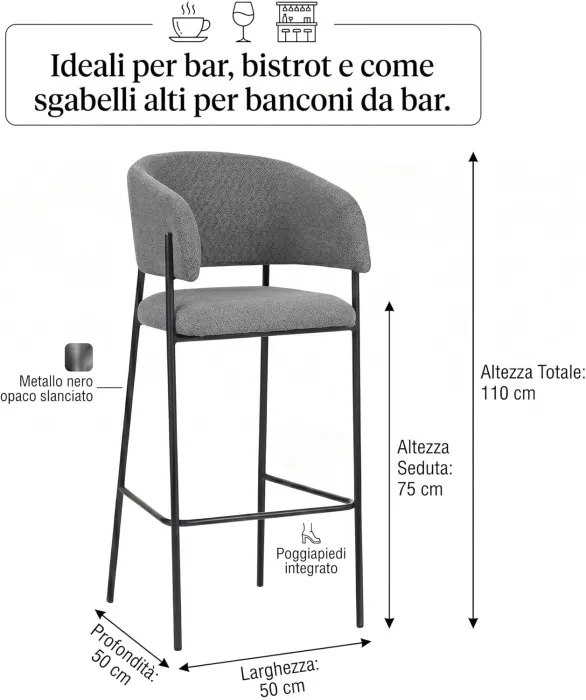 Set 2 Sgabelli DOMITILLA in Tessuto Color Cenere con Gambe Nere, Schienale Ergonomico, Altezza Seduta 75 cm - immagine 2