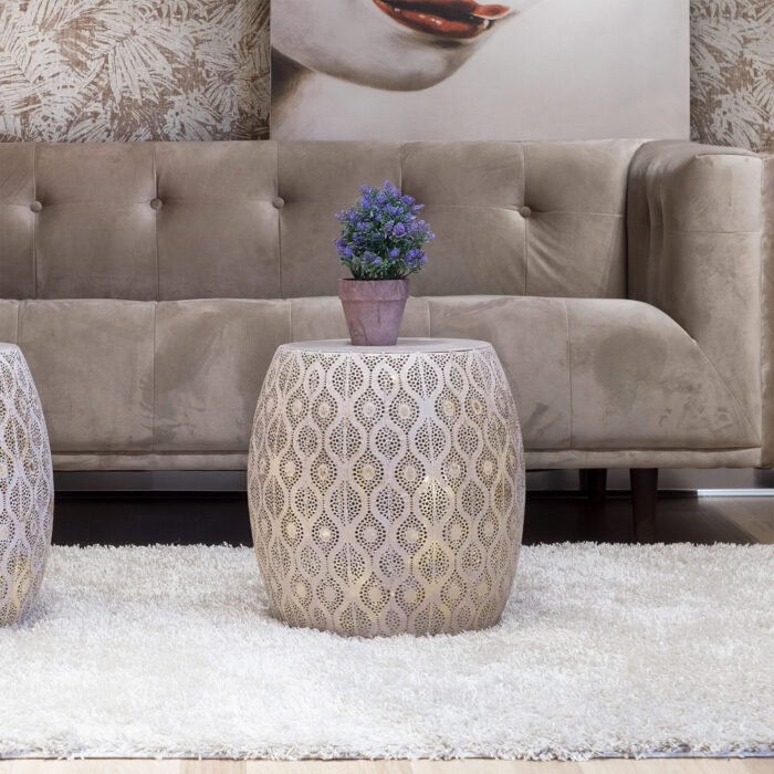 TAVOLINO POUF IN METALLO IN ROSA CHIARO E ORO