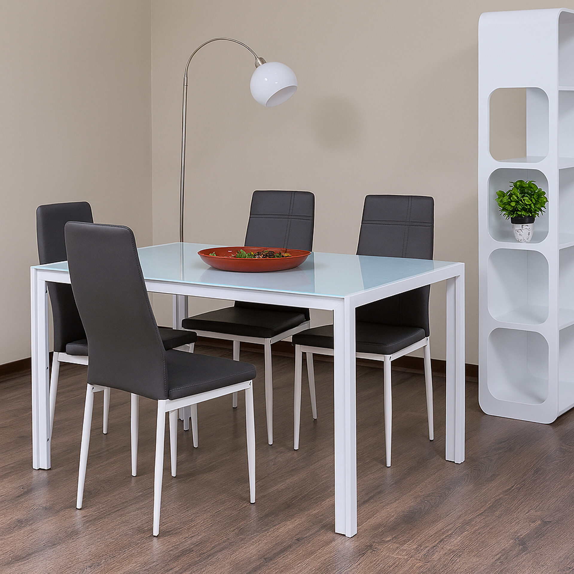 SET BENNY/JOLLY TAVOLO BIANCO CON 4 SEDIE ECOPELLE GRIGIO GAMBE BIANCO