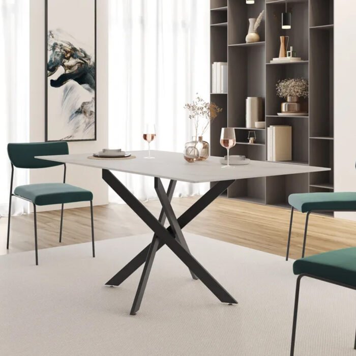 TAVOLO INTRECCIO RETTANG. BIANCO C/VENATURE/GAMBE NERE