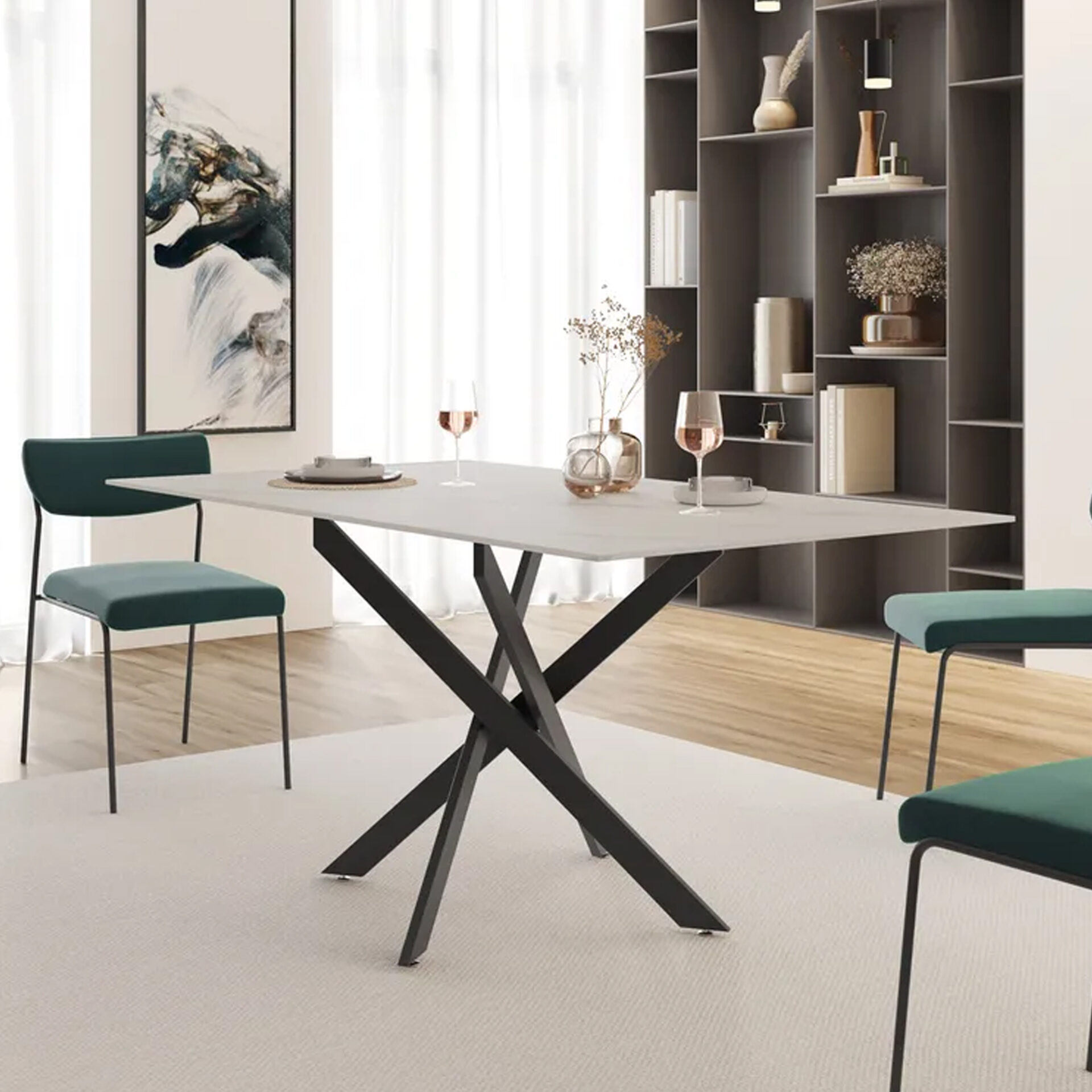 TAVOLO INTRECCIO RETTANG. BIANCO C/VENATURE/GAMBE NERE