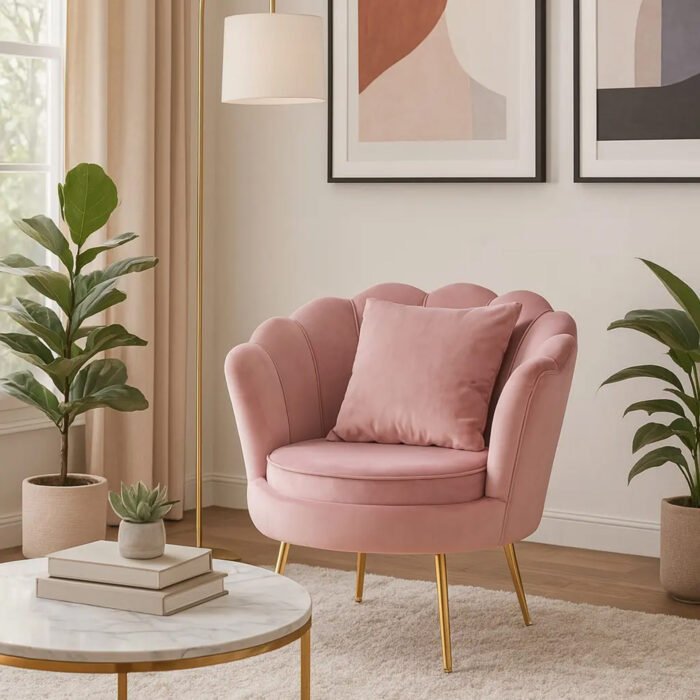 POLTRONA PERLA VELLUTO CIPRIA GAMBE ORO C/CUSCINO