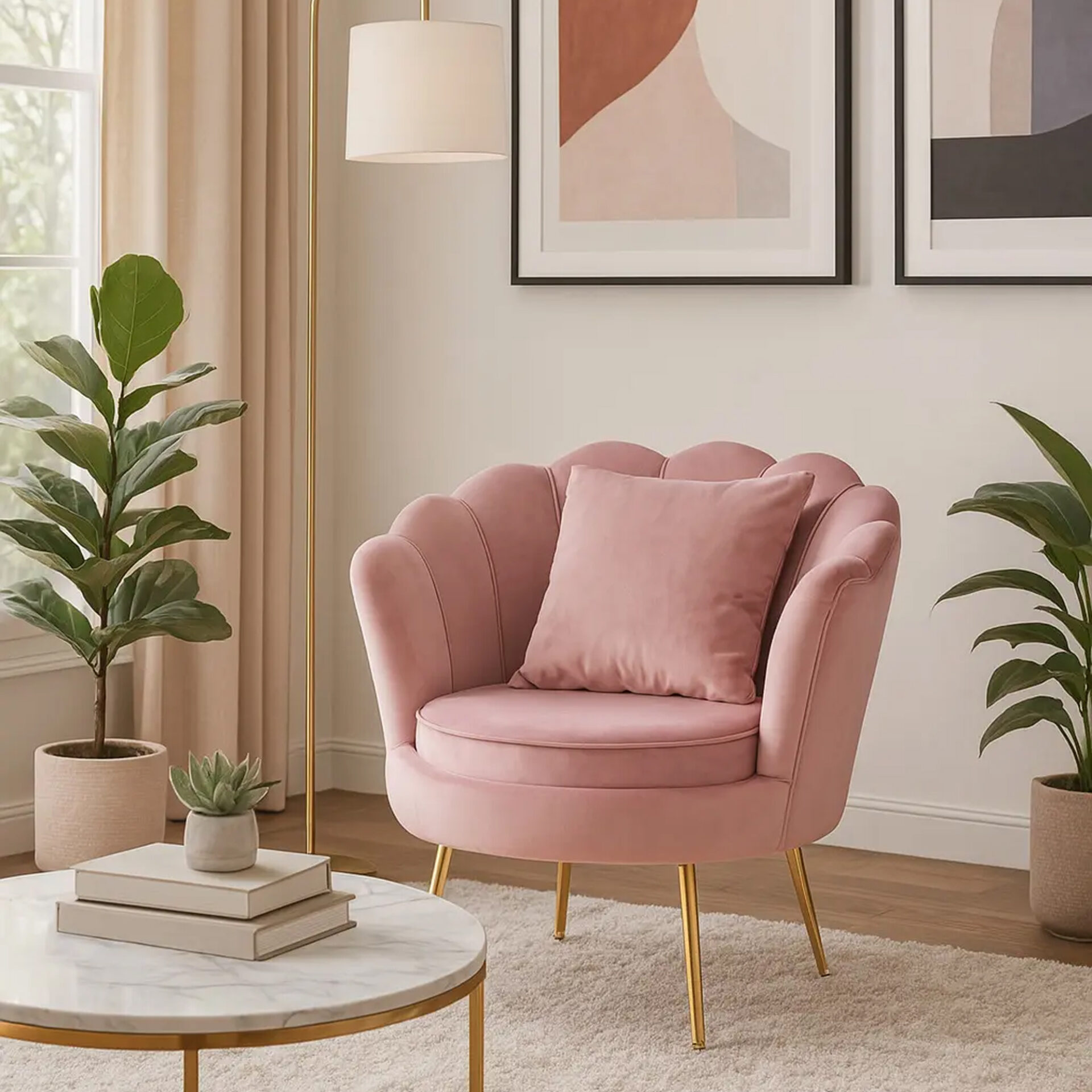 POLTRONA PERLA VELLUTO CIPRIA GAMBE ORO C/CUSCINO