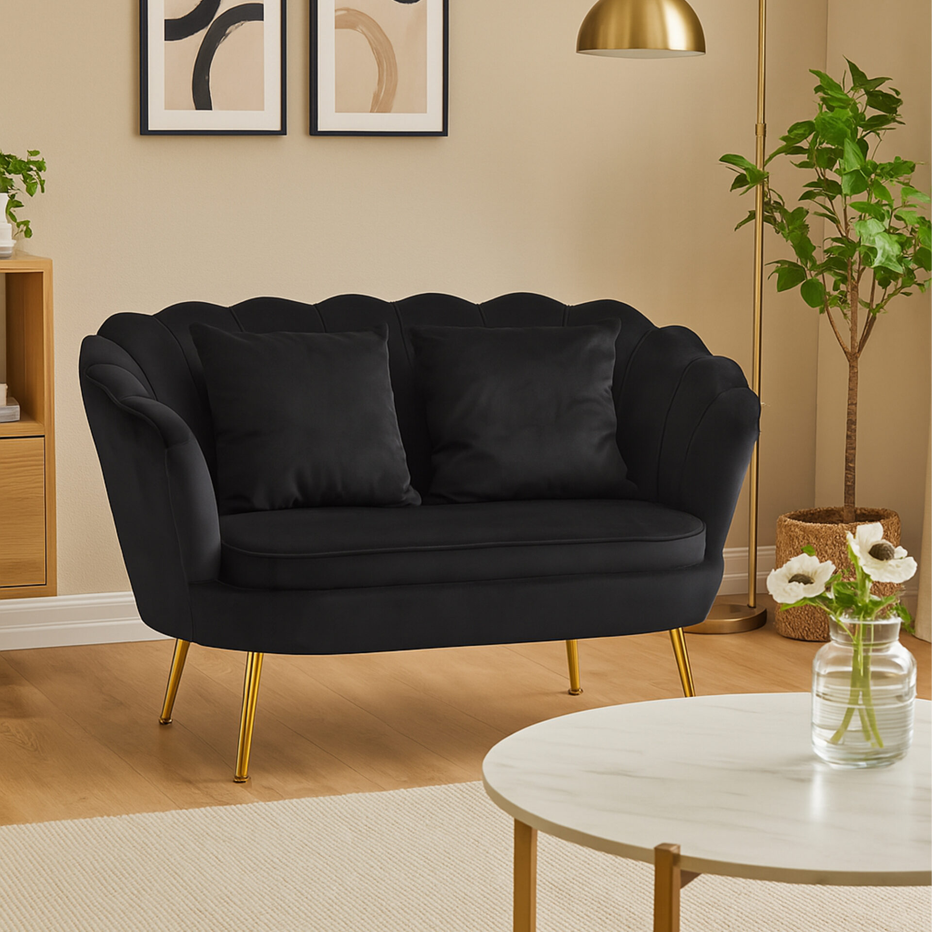 DIVANO 2 POSTI FRIDA VELLUTO NERO GAMBE CROMO ORO E 2 CUSCINI