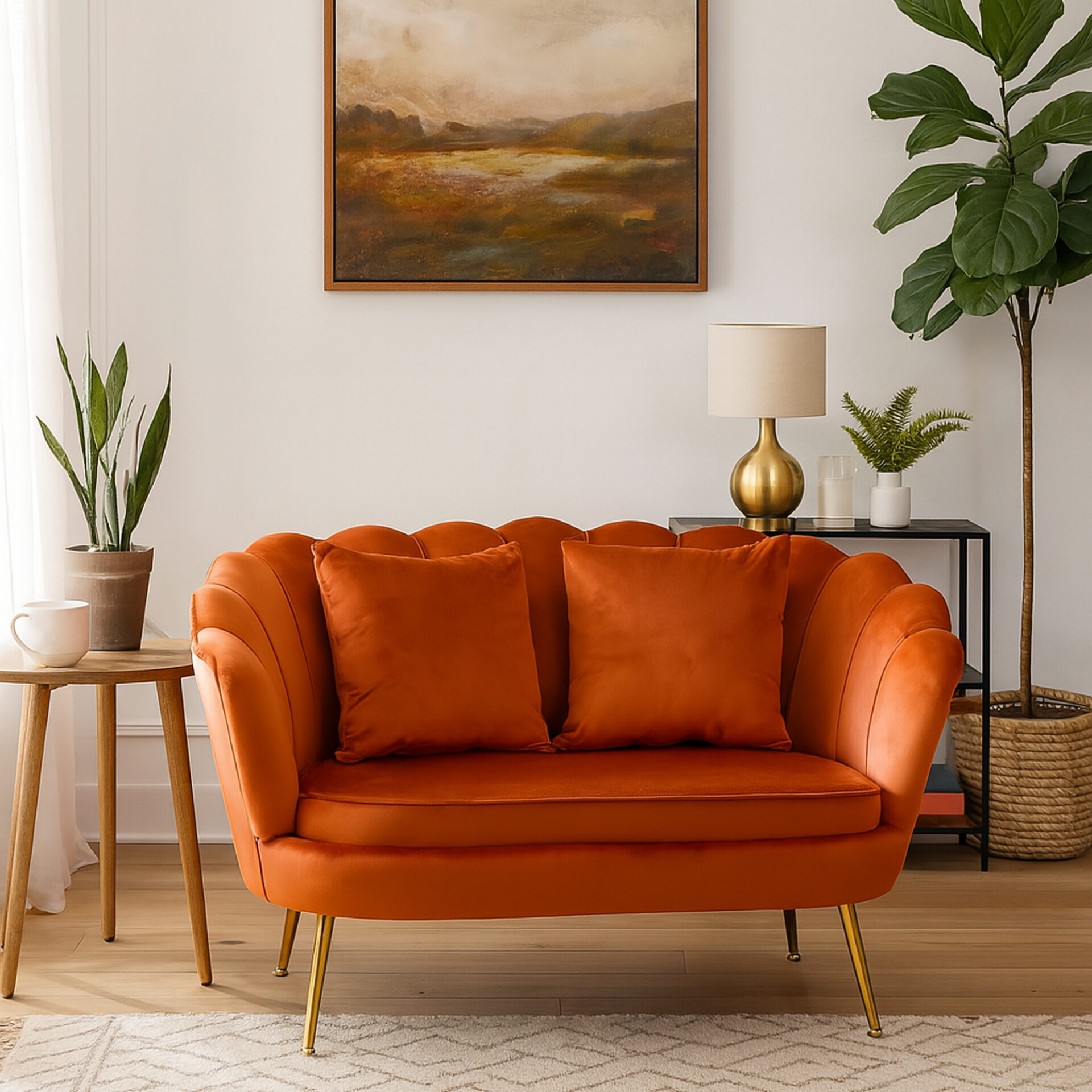 DIVANO 2 POSTI FRIDA VELLUTO RUGGINE GAMBE CROMO ORO E 2 CUSCINI