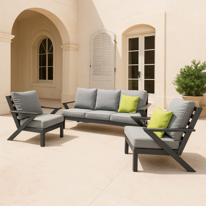 SET MALAGA DIVANO E 2 POLTRONE ALLUMINIO ANTRACITE