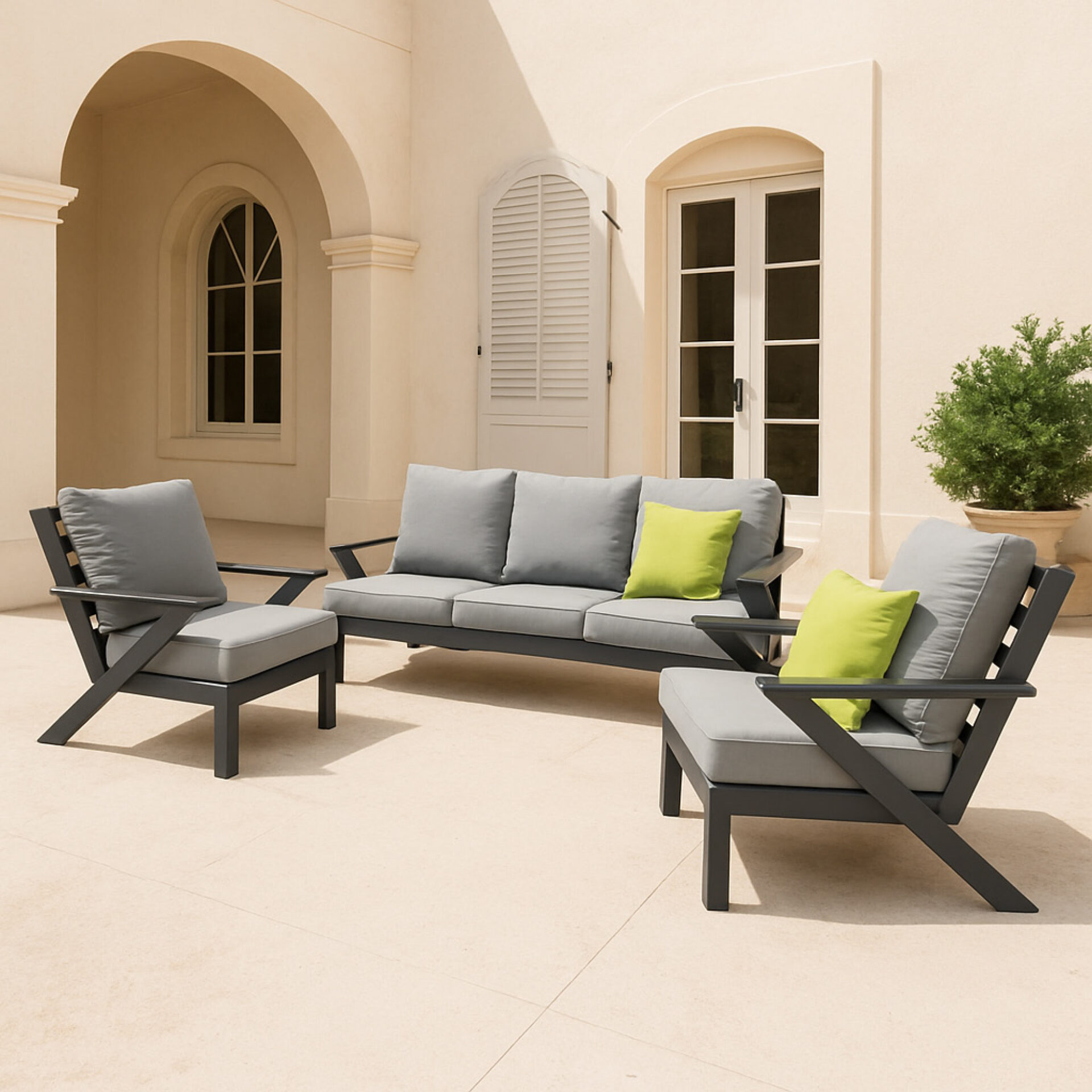 SET MALAGA DIVANO E 2 POLTRONE ALLUMINIO ANTRACITE