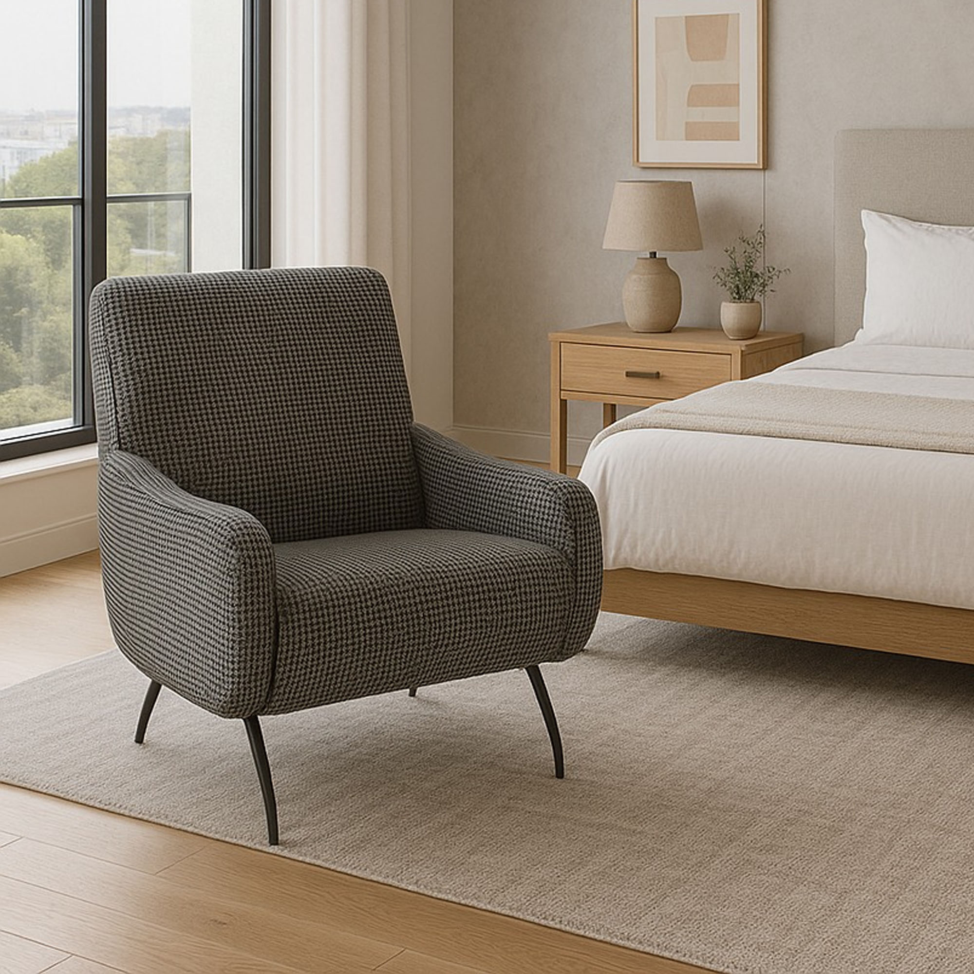 POLTRONA ROSA IN TESSUTO PIED DE POULE GRIGIO