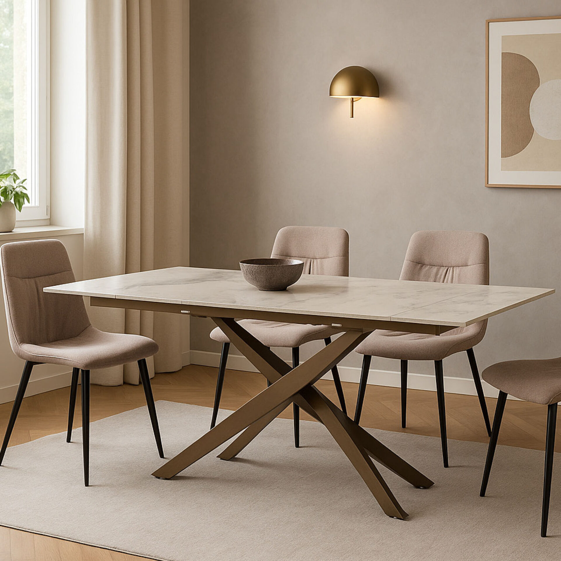 TAVOLO PEGASO ALLUNGABILE CON PIANO BEIGE, GAMBE BRONZO