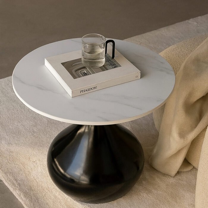 TAVOLINO CAPRI BIANCO EFFETTO MARMO BASE NERA