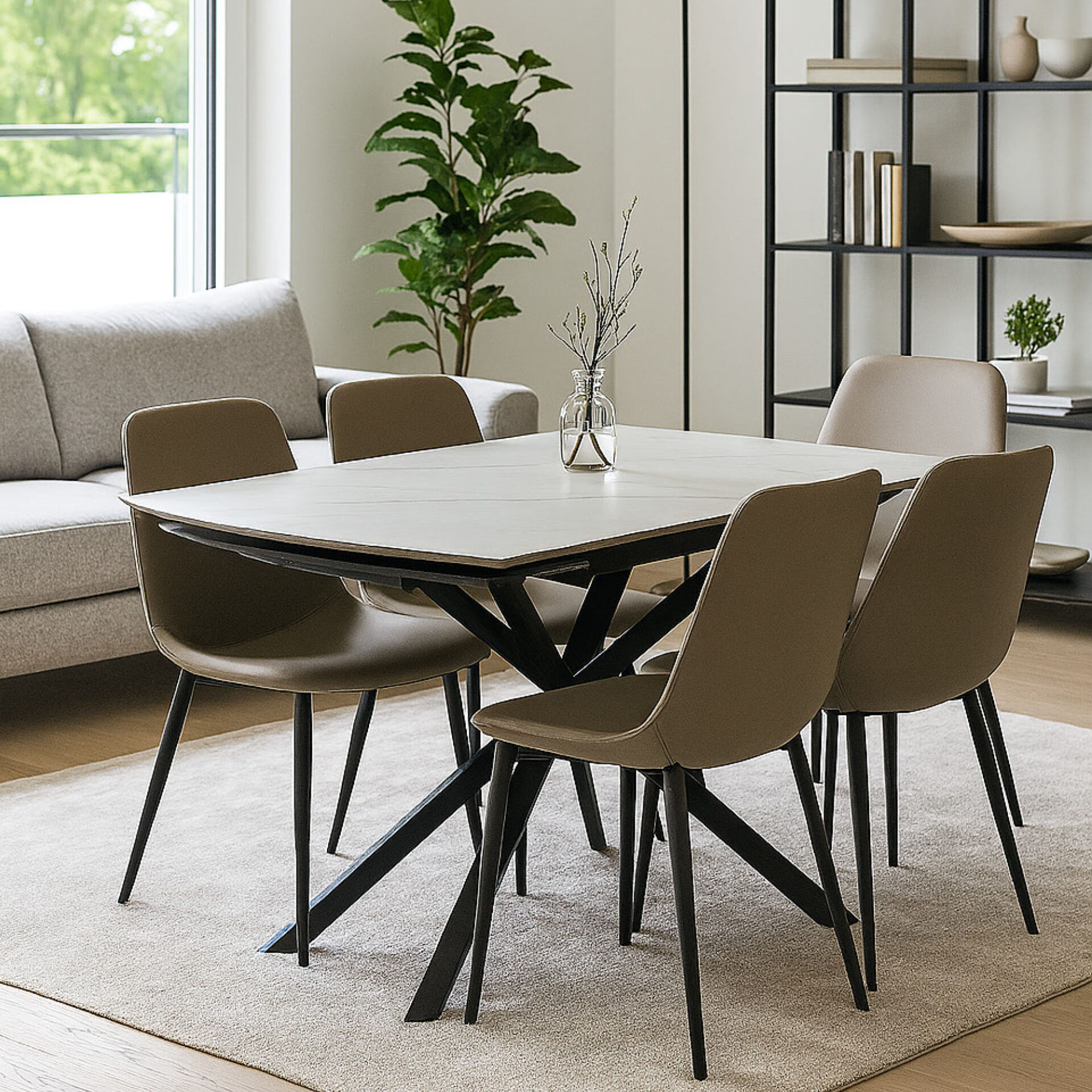 TAVOLO LOUIS 130/190 BIANCO C/VENATURE / GAMBE NERE