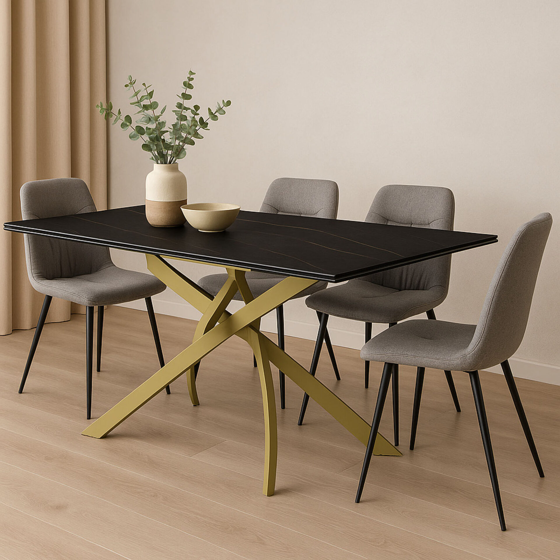 TAVOLO BRUNO ALLUNGABILE CON PIANO NERO, GAMBE ORO