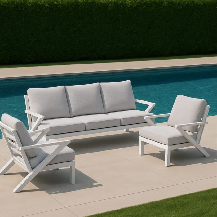 SET MALAGA DIVANO E 2 POLTRONE ALLUMINIO BIANCO