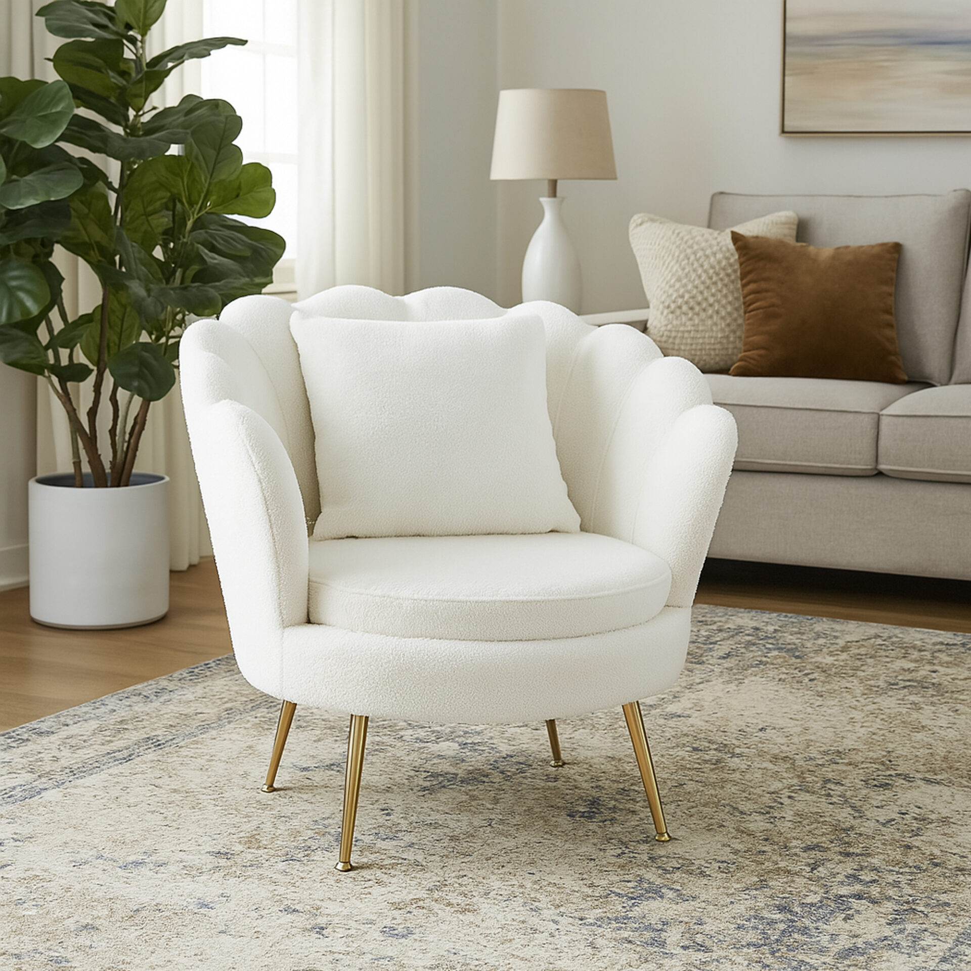 POLTRONA PERLA BOUCLÈ PANNA/CROMO ORO C/CUSCINO