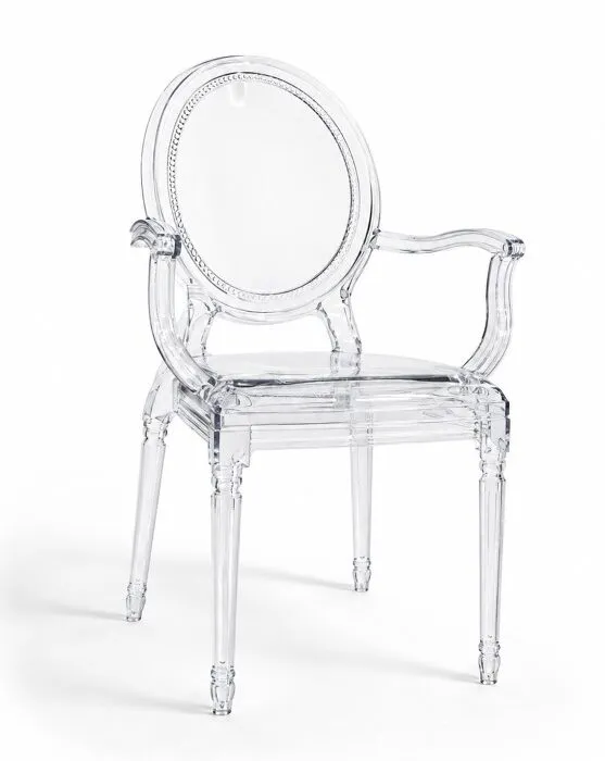 SET 4 Poltrone IRIS in Policarbonato Trasparente con Braccioli Integrati e Schienale Ovale Decorato
