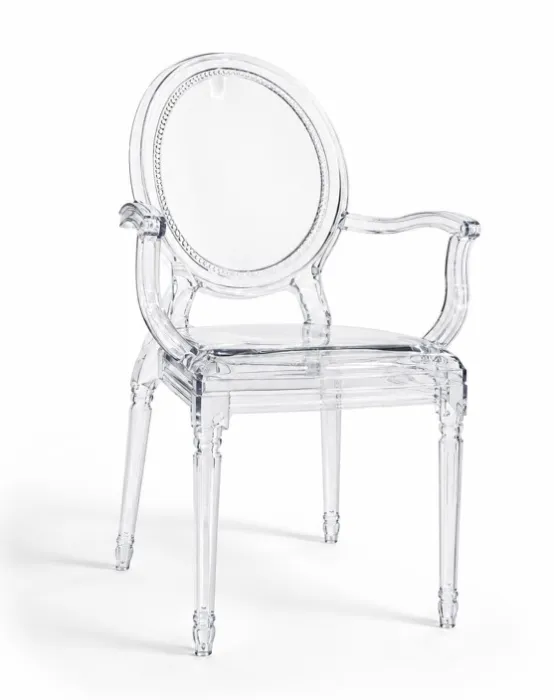 SET 4 Poltrone IRIS in Policarbonato Trasparente con Braccioli Integrati e Schienale Ovale Decorato