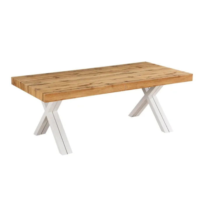 Tavolo XILON MAXI Estensibile in Rovere con Gambe Incrociate in Metallo Bianco, 200–400 × 90 × 75 cm