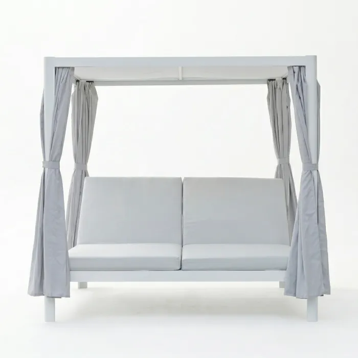 Daybed Doppio Bianco in Alluminio con Cuscini Grigi, Schienali Reclinabili e Tetto in Textilene, 205 × 186 × 200 cm