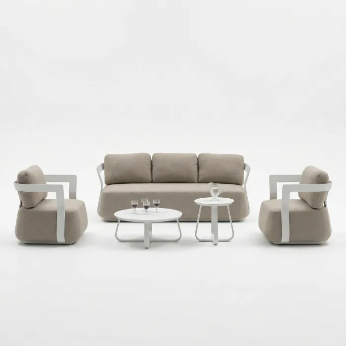 Set Salotto MONA in Alluminio Bianco/Corda con Cuscini Tortora, Divano 3 Posti, 2 Poltrone e 2 Tavolini
