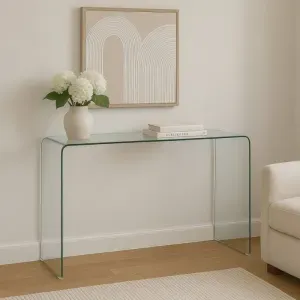 Consolle Glamour in Vetro Temperato Trasparente, Design Curvo, 110 x 35 x 75 cm