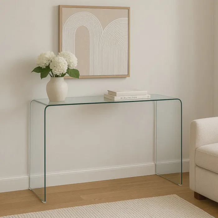 Consolle Glamour in Vetro Temperato Trasparente, Design Curvo, 110 x 35 x 75 cm