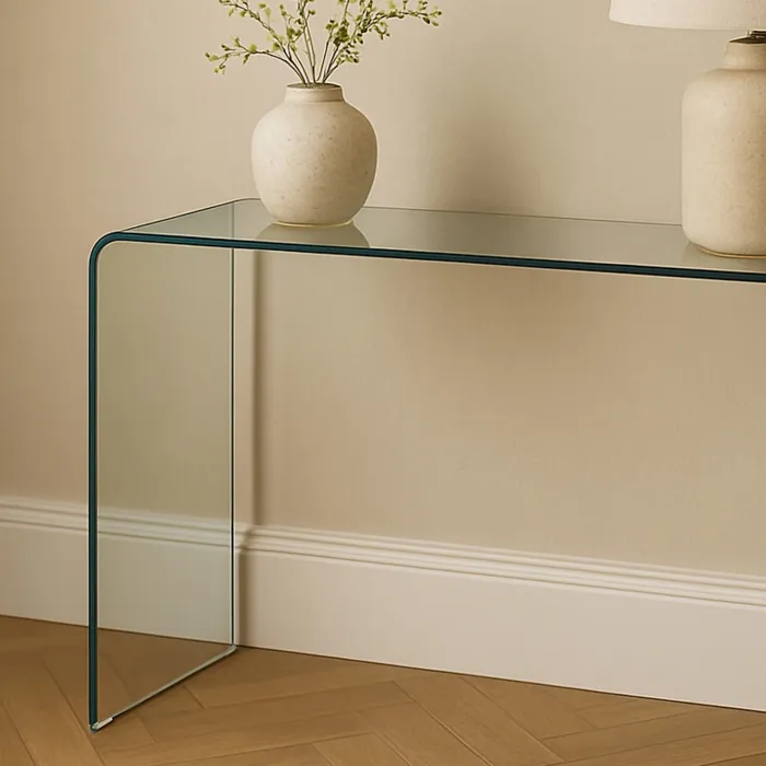 Consolle Glamour in Vetro Temperato Trasparente, Design Curvo, 110 x 35 x 75 cm - immagine 2
