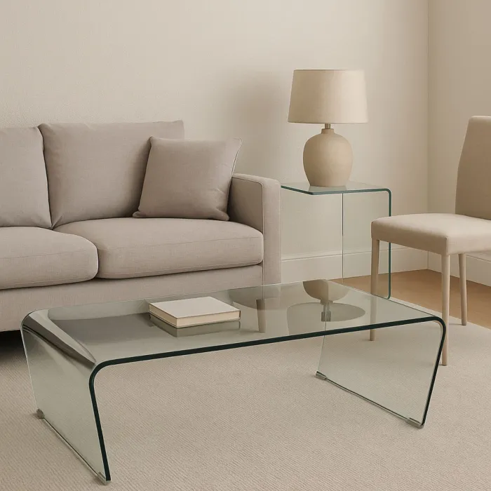 Tavolino Versus in Vetro Temperato Curvato Trasparente, Design a C, 120 x 60 x 30 cm