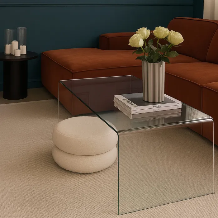 Tavolino Suite in Vetro Temperato Trasparente Curvato, Design Minimalista, 120 x 60 x 43 cm