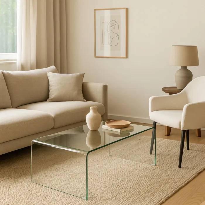 Tavolino Suite in Vetro Temperato Trasparente Curvato, Design Minimalista, 120 x 60 x 43 cm - immagine 5