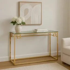 Consolle Teka Vetro-Oro in Metallo Dorato con Piano in Vetro Temperato, 120 x 40 x 75 cm