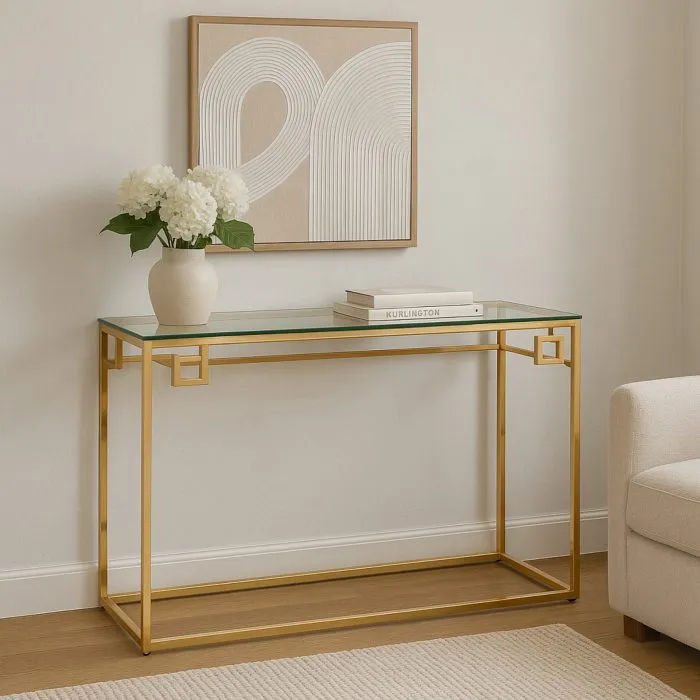 Consolle Teka Vetro-Oro in Metallo Dorato con Piano in Vetro Temperato, 120 x 40 x 75 cm