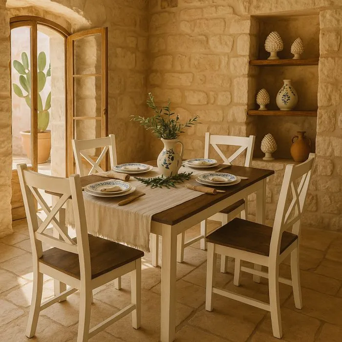 Set Woody con Tavolo e 4 Sedie in Legno, Piano Grigio Fumo e Gambe Bianche, Stile Shabby Chic