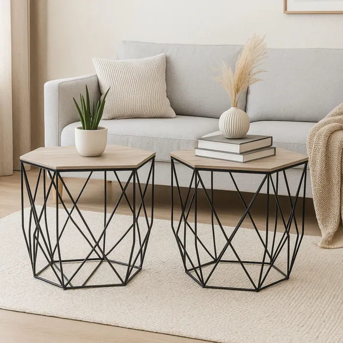 Set Tavolini Geo Esagonali con Piano Effetto Rovere e Struttura in Metallo Nero, 41 x 45 x 39 cm