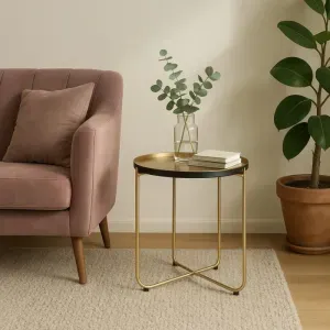 Tavolino Mida in Metallo Oro con Vassoio Amovibile, Design Moderno, Ø43 x H48,5 cm