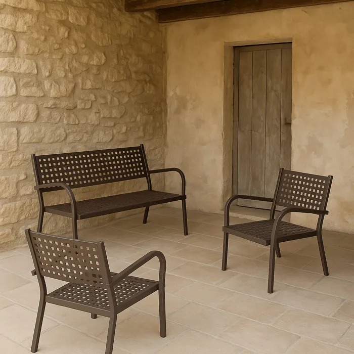 Set Alice Salotto da Giardino in Metallo Bronzo con Divano e 2 Poltrone, Design Elegante per Balcone e Terrazzo