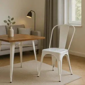 Tavolo Industrial con Piano in Legno e Struttura in Metallo Bianca, 80 x 80 cm