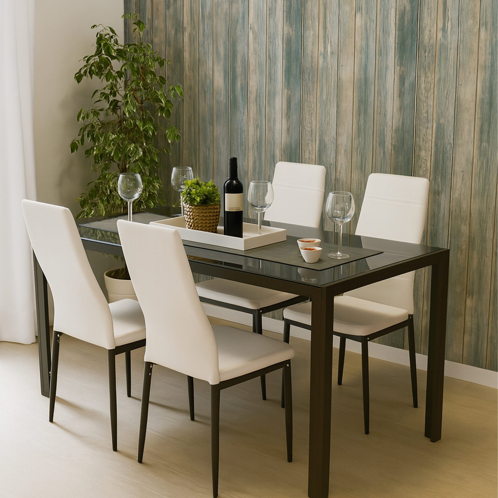 SET BENNY/JOLLY TAVOLO CENERE CON 4 SEDIE ECOPELLE BIANCHE GAMBE CENERE