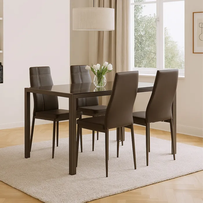 Set Benny Tavolo da Pranzo con 4 Sedie in Ecopelle Tortora e Piano in Vetro