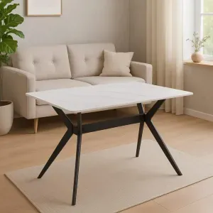 Tavolo Fisso MONLO con Piano Effetto Marmo Bianco e Gambe Nere, 140 ร 80 cm