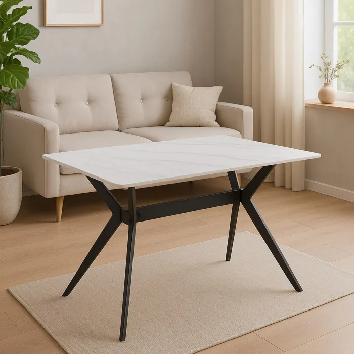 Tavolo Fisso MONLO con Piano Effetto Marmo Bianco e Gambe Nere, 140 × 80 cm