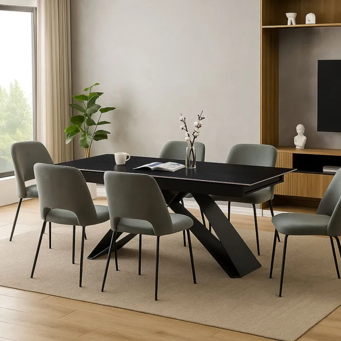 Tavolo Iago Allungabile con Piano Nero Effetto Calacatta e Gambe Nere, 240 × 90 × 75 cm