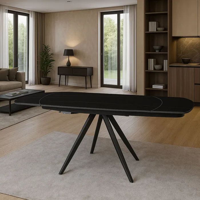 Tavolo Florida Nero con Piano Effetto Venature e Gambe Nere, 190 × 90 × 75 cm