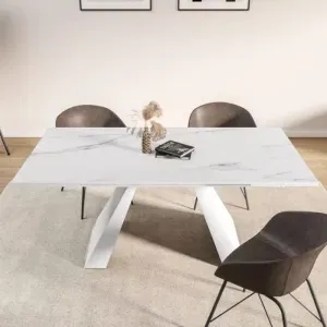 Tavolo PRISMA Allungabile Bianco con Venature Effetto Marmo e Gambe Bianche