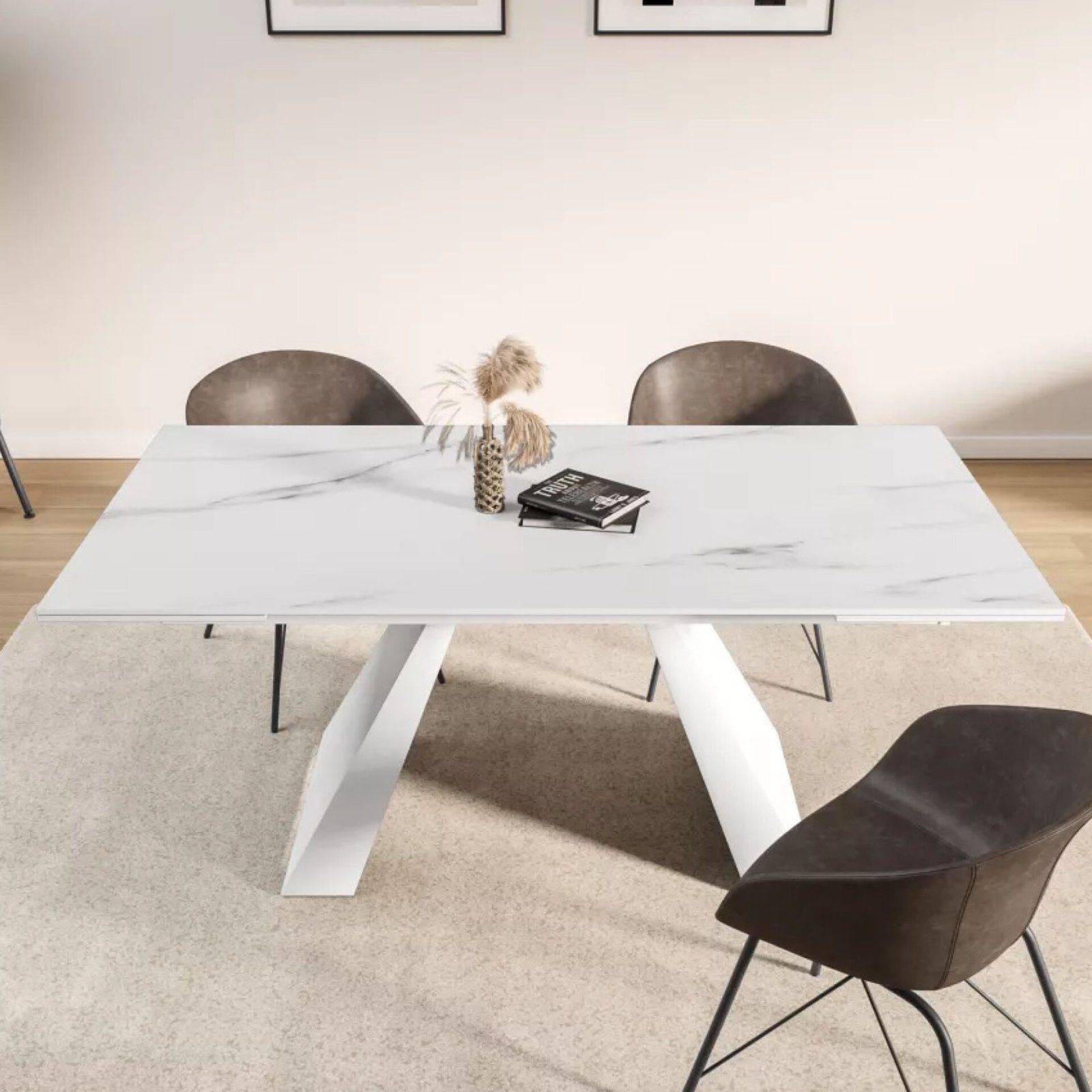 TAVOLO PRISMA ALLUNGABILE BIANCO CON VENATURE/GAMBE BIANCHE