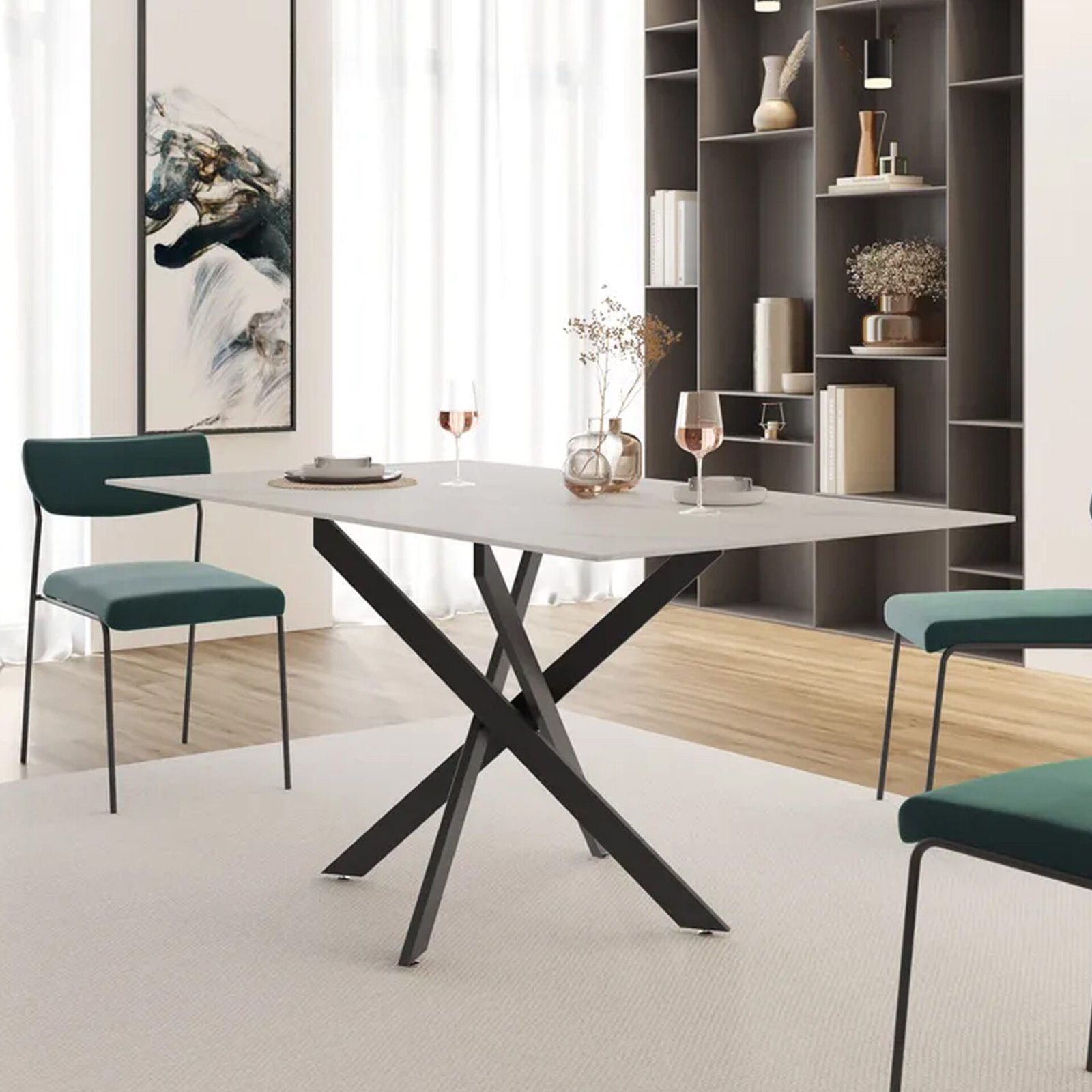 TAVOLO INTRECCIO RETTANG. BIANCO C/VENATURE/GAMBE NERE