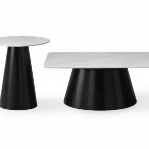 Set 2 Tavolini RING con Piano Effetto Marmo Bianco Venato e Base Nera, Rotondo e Rettangolare