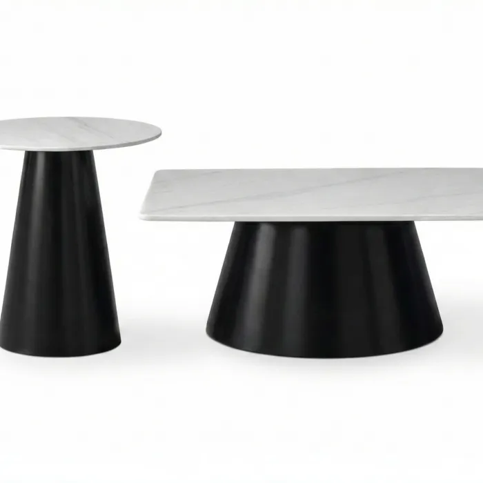 Set 2 Tavolini RING con Piano Effetto Marmo Bianco Venato e Base Nera, Rotondo e Rettangolare