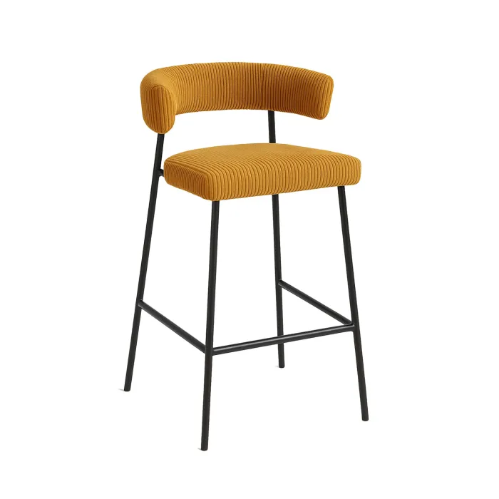 Set 2 Sgabelli LIVA in Velluto Rigato Senape con Gambe Nere e Schienale Ergonomico